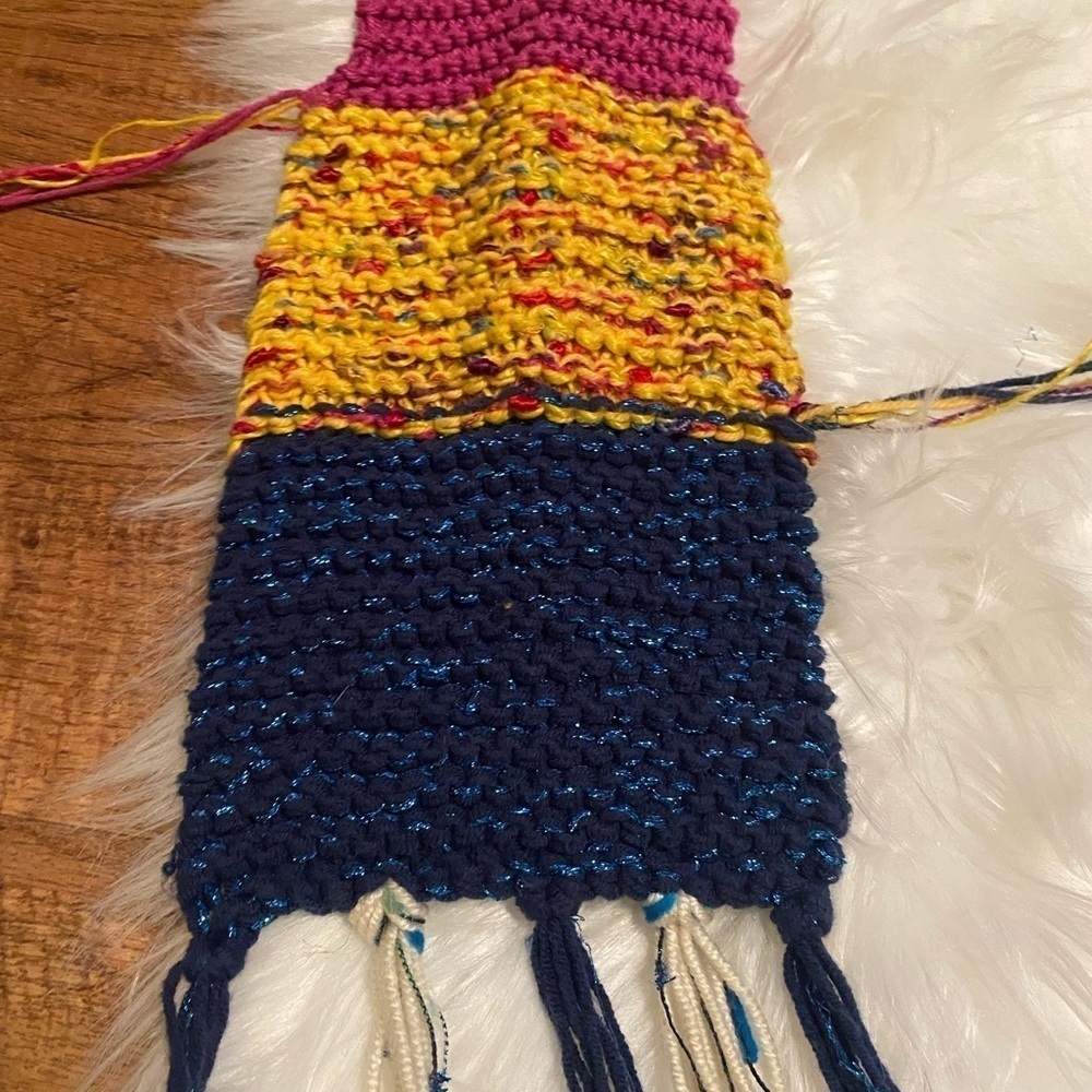 Blue, pink, black, and orange long scarf with fringe - Picture 2 of 8